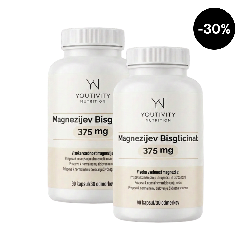 Dve pločevinki Magnezijev Bisglicinat Youtivity Nutrition, 90 kapsul, prikaz izdelka in embalaža.
