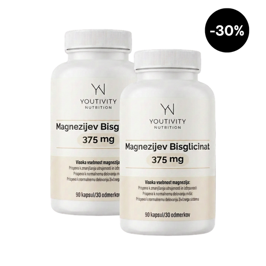 Dve pločevinki Magnezijev Bisglicinat Youtivity Nutrition, 90 kapsul, prikaz izdelka in embalaža.
