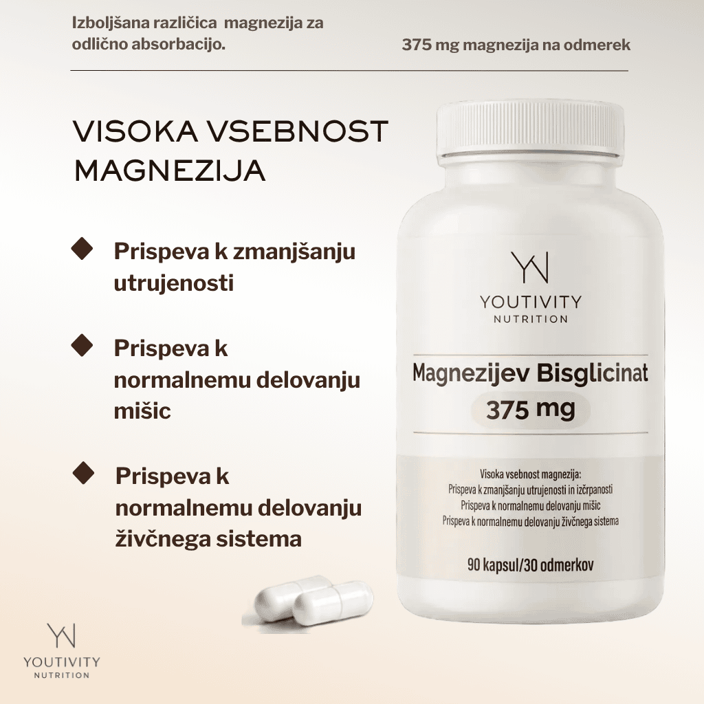 Magnezij Bisglicinat Youtivity Nutrition v kapsulah, prikazan v steklenici, za uravnoteženo mišično funkcijo.