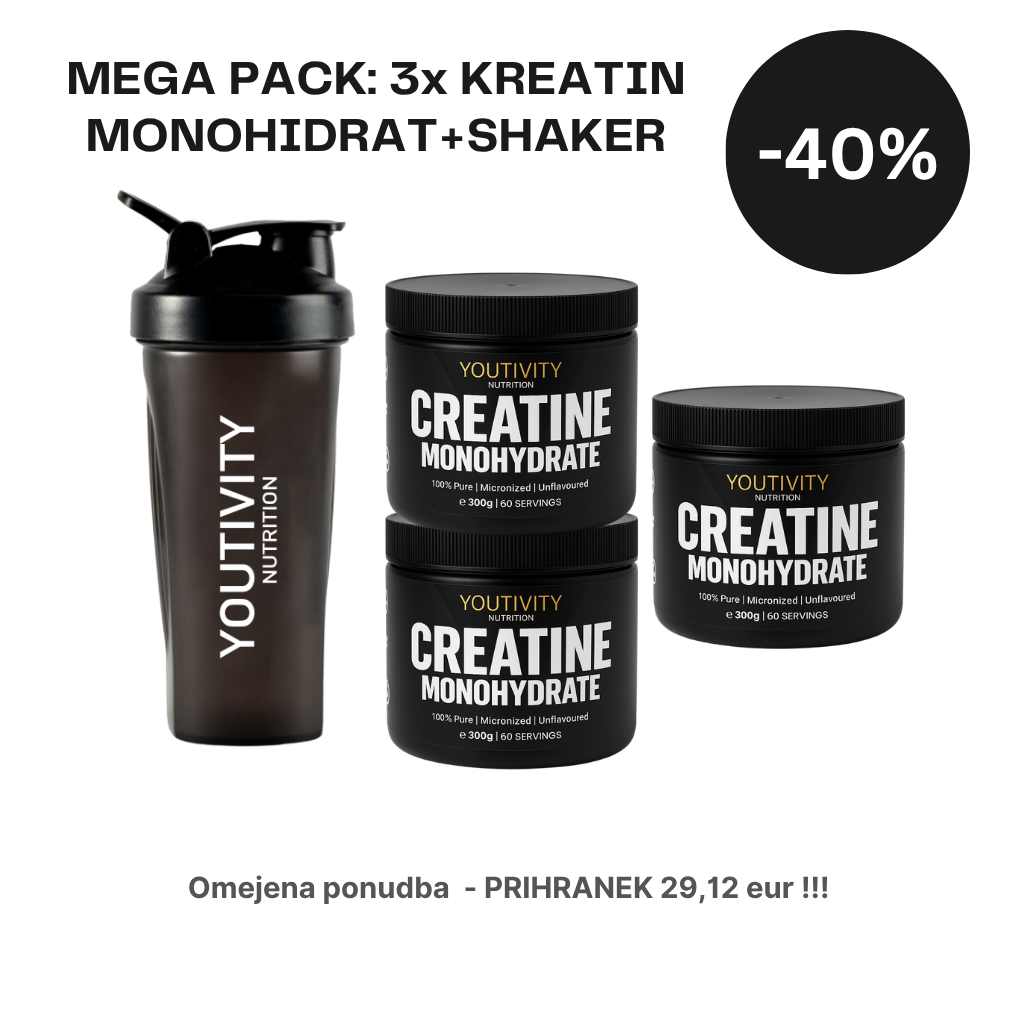 Set treh kreatin monohidratov Youtivity Nutrition in shaker za športno prehrano, vsak 300g, za boljšo mišično zmogljivost.